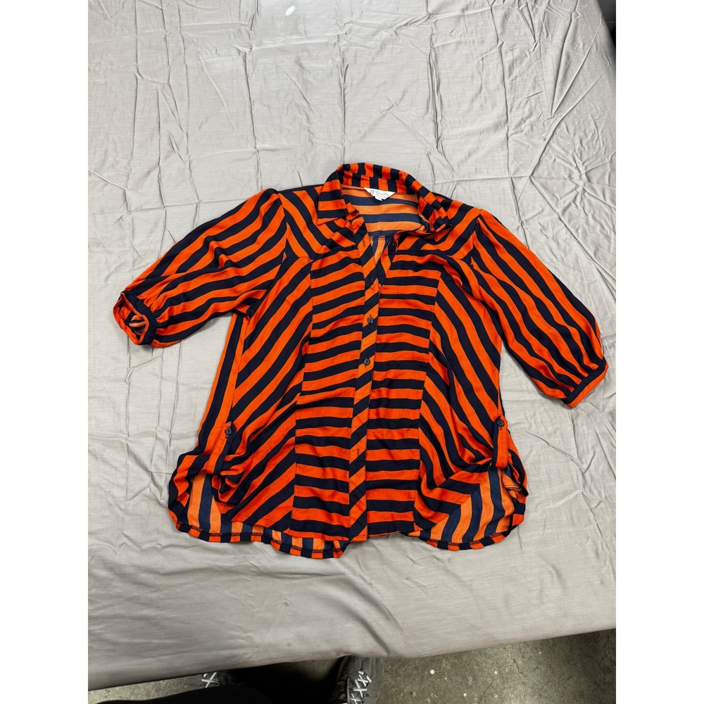 Tung Tai Womens Orange Navy Blue Striped Button Up Blouse 3/4 Sleeve Size 46